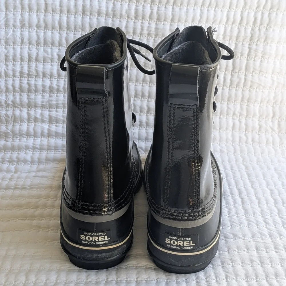 Sorel Dahlia Waterproof Patent Leather Mid Calf‎ Lace Up Snow Boots Black US 9